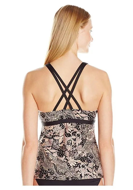 Carmen Marc Valvo Women's V-Neck Floral Strappy Tankini Top, Black, XS