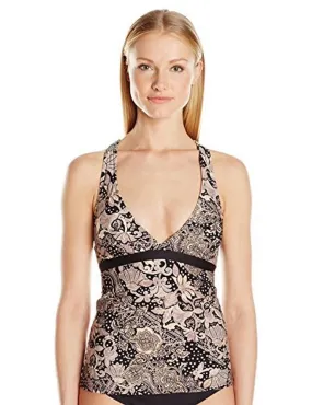 Carmen Marc Valvo Women's V-Neck Floral Strappy Tankini Top, Black, XS