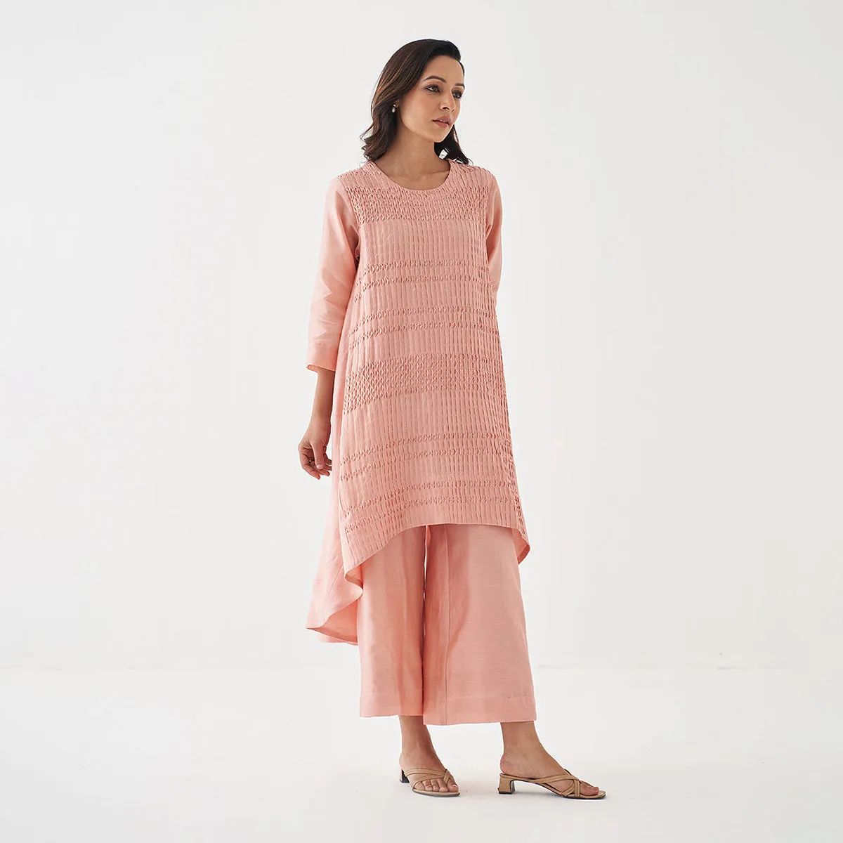 Chanderi Silk Kurta Pant Set | Peach | High-Low Hemline