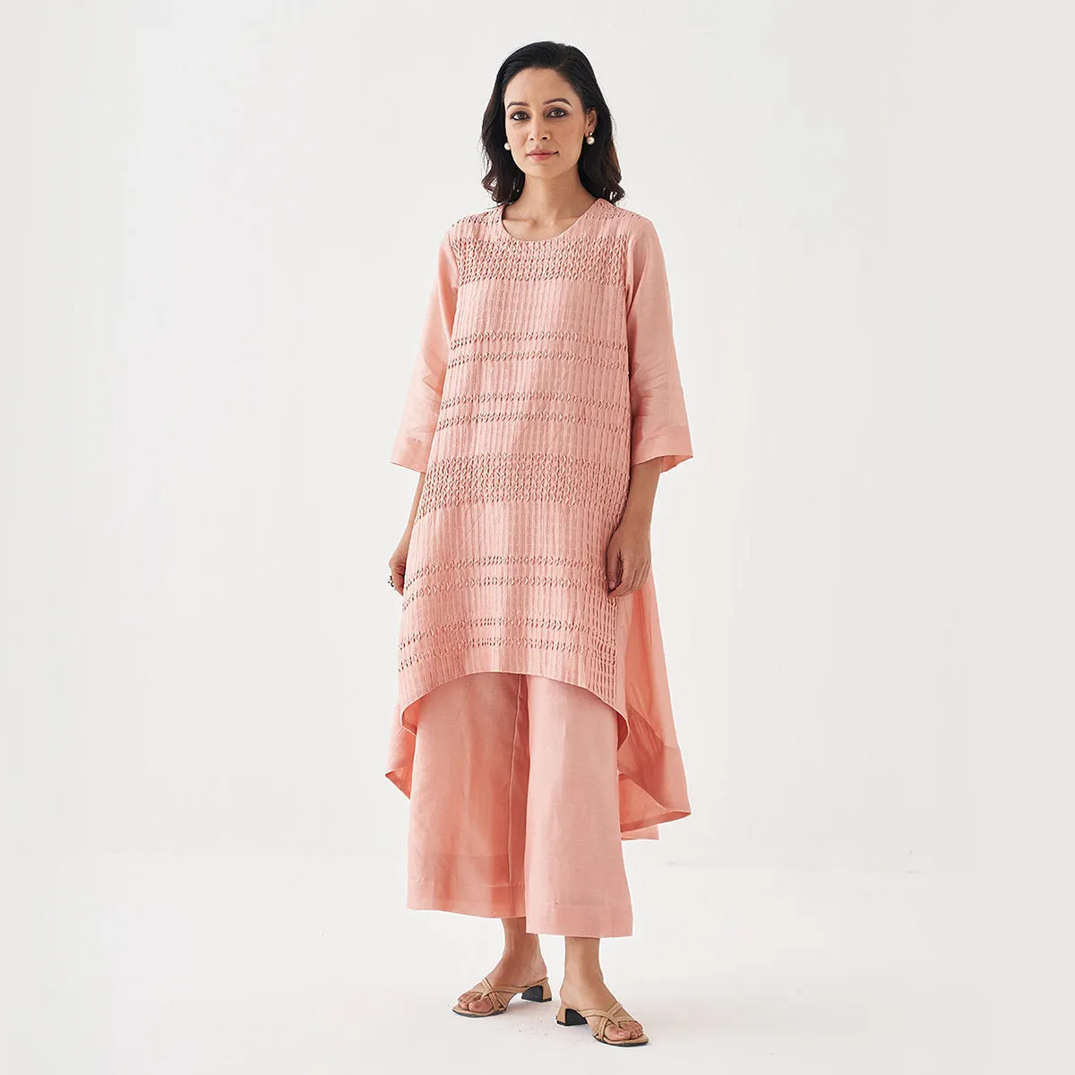 Chanderi Silk Kurta Pant Set | Peach | High-Low Hemline