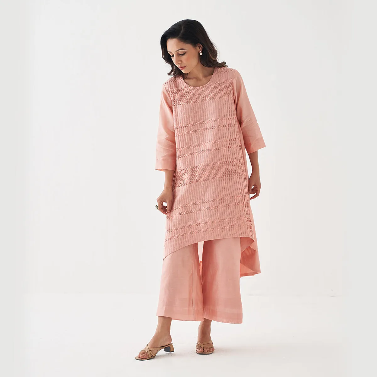 Chanderi Silk Kurta Pant Set | Peach | High-Low Hemline