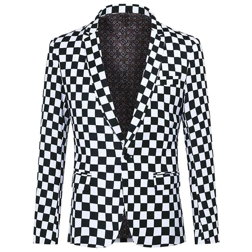 Checkerboard Print Blazer Slim Fit Plaid Blazer