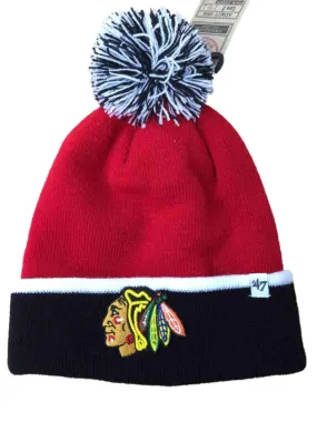 Chicago Blackhawks 47 Brand Red Black Baraka Knit Cuffed Poofball Beanie Hat Cap