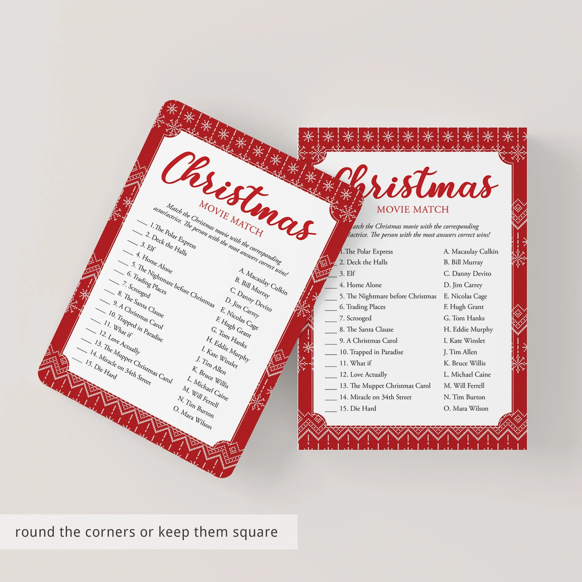 Christmas Movie Match with Answer Key Printable