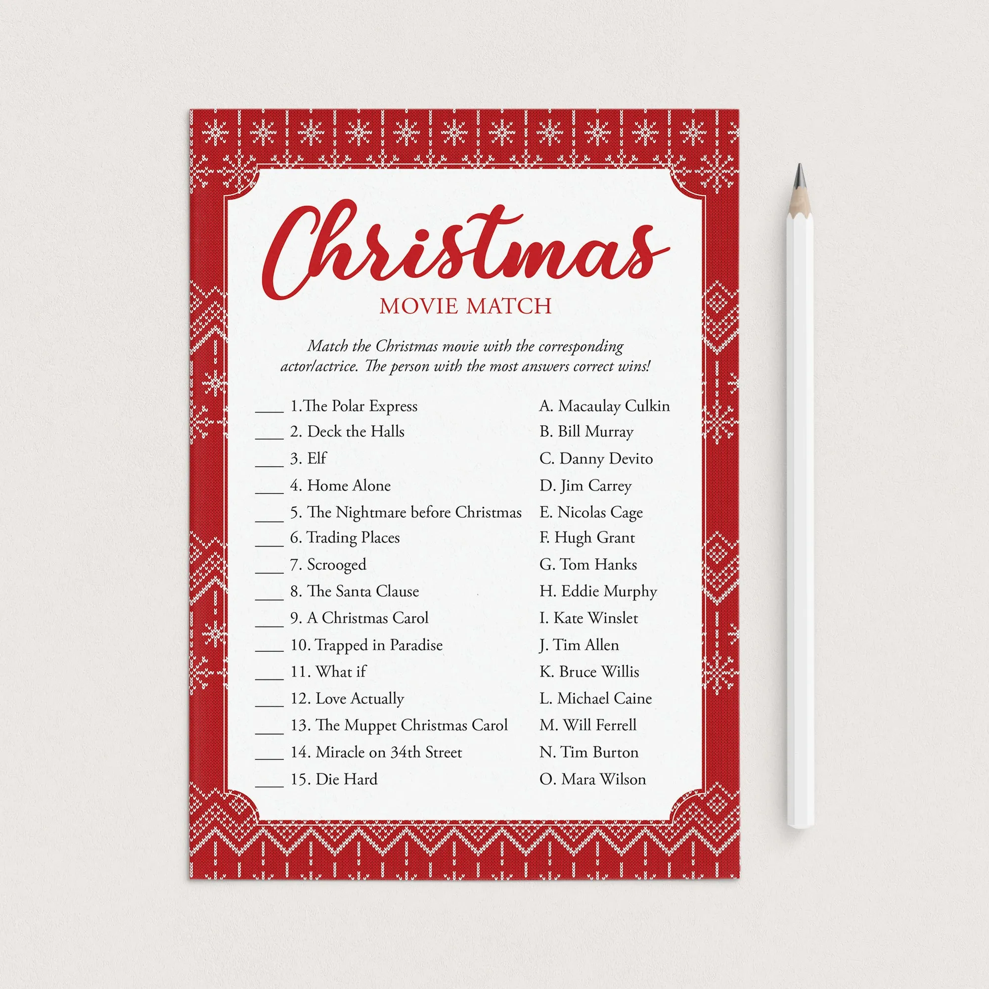 Christmas Movie Match with Answer Key Printable