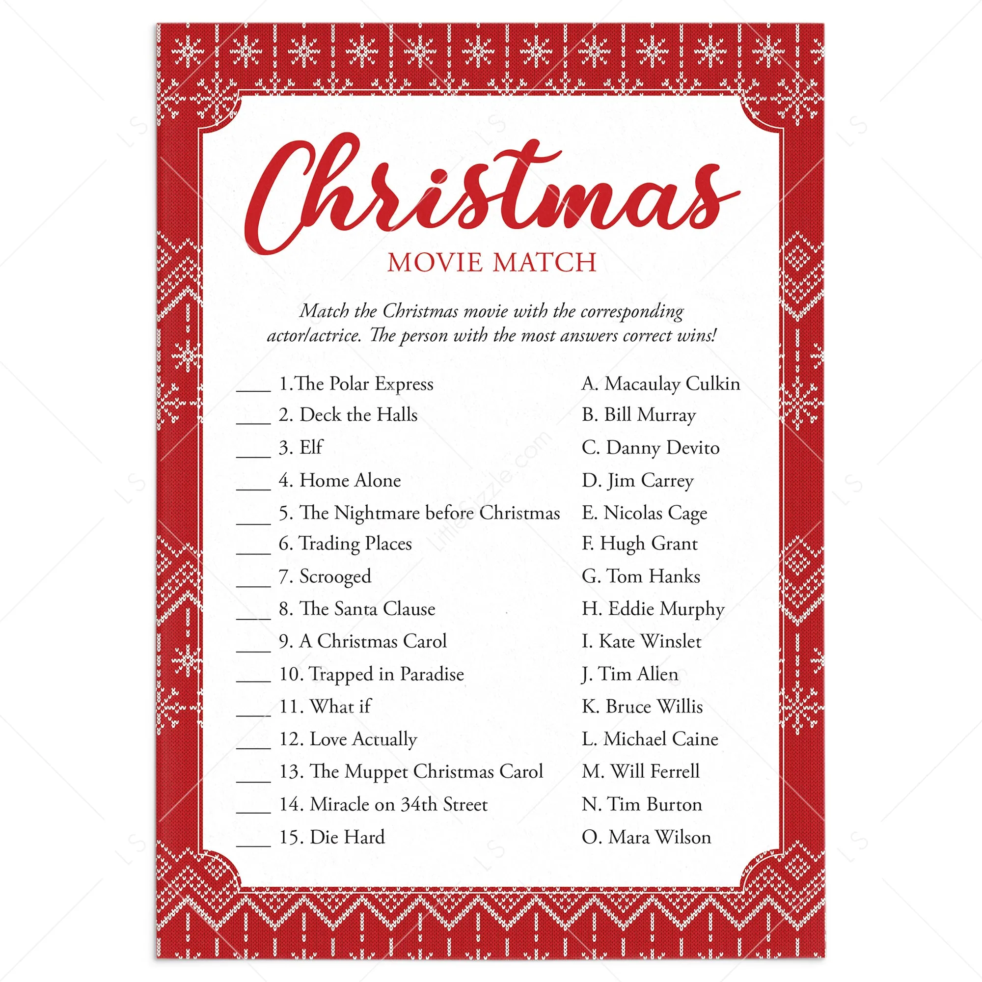 Christmas Movie Match with Answer Key Printable