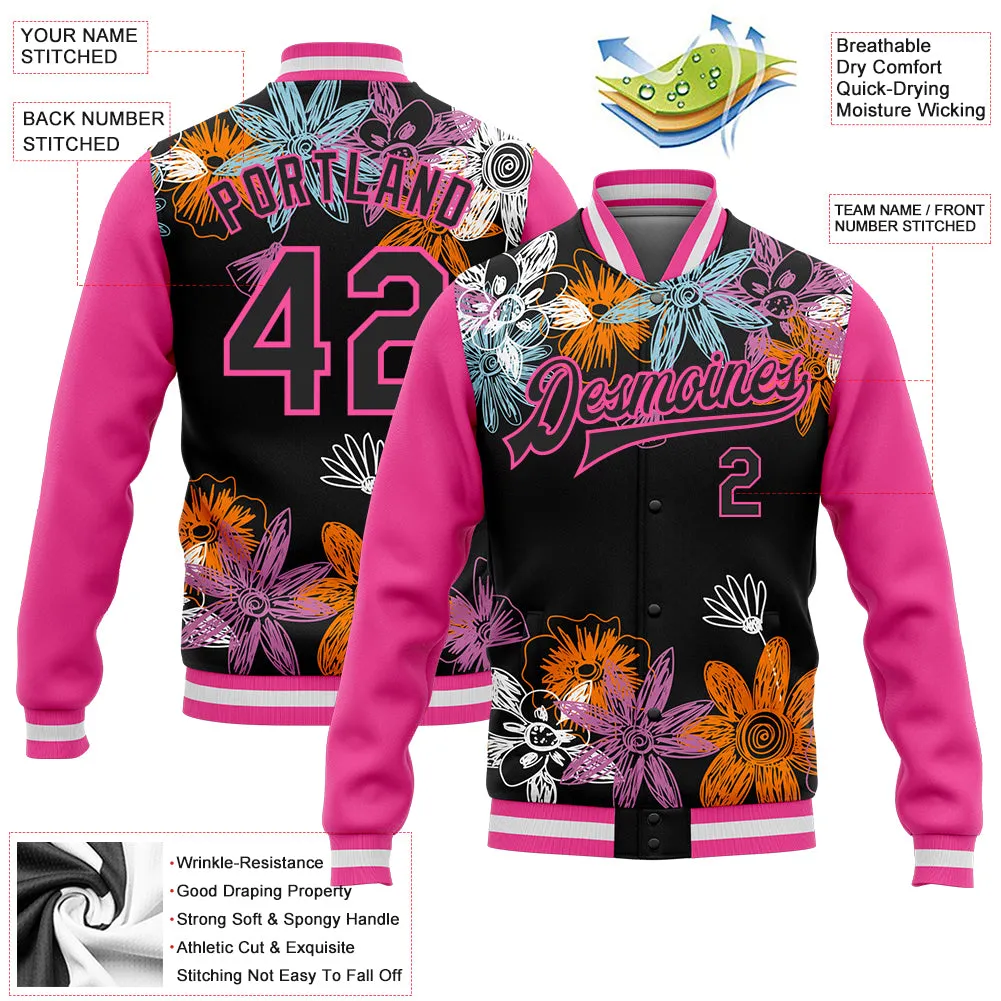 Custom Black Pink Flowers 3D Pattern Design Bomber Full-Snap Varsity Letterman Jacket