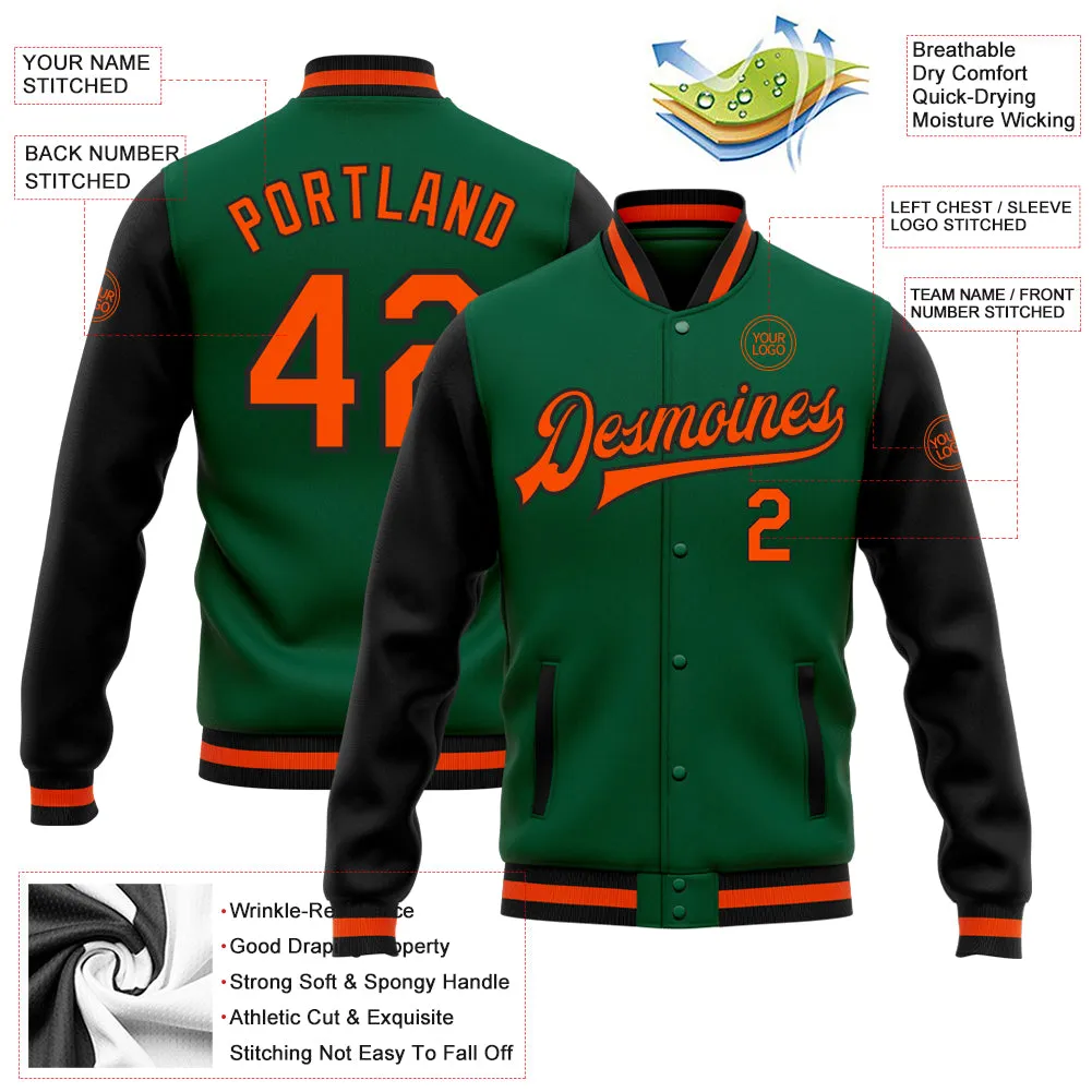 Custom Kelly Green Orange-Black Bomber Full-Snap Varsity Letterman Two Tone Jacket