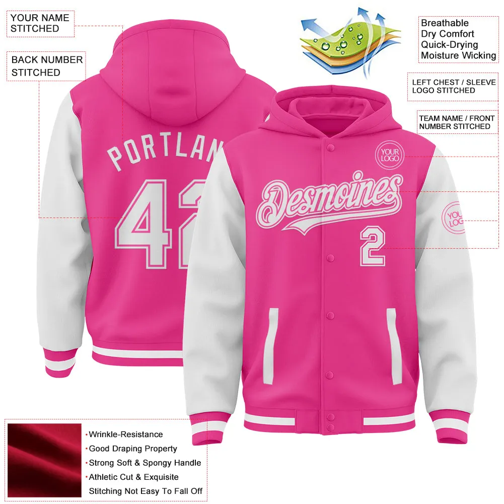 Custom Pink White Bomber Full-Snap Varsity Letterman Two Tone Hoodie Jacket