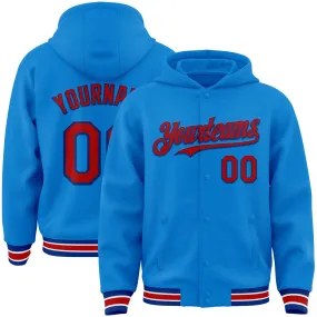 Custom Powder Blue Red-Royal Bomber Full-Snap Varsity Letterman Hoodie Jacket