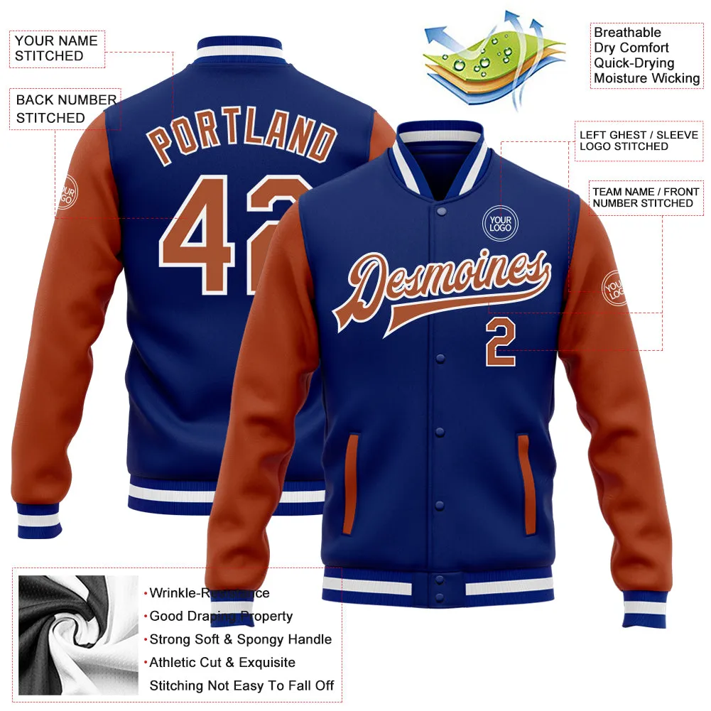 Custom Royal Texas Orange-White Bomber Full-Snap Varsity Letterman Two Tone Jacket