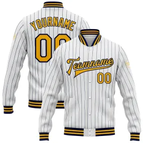 Custom White Navy Pinstripe Gold Bomber Full-Snap Varsity Letterman Jacket