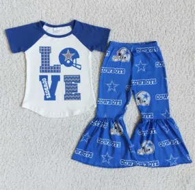 D10-26 LOVE blue short-sleeved cowboys flared pants set