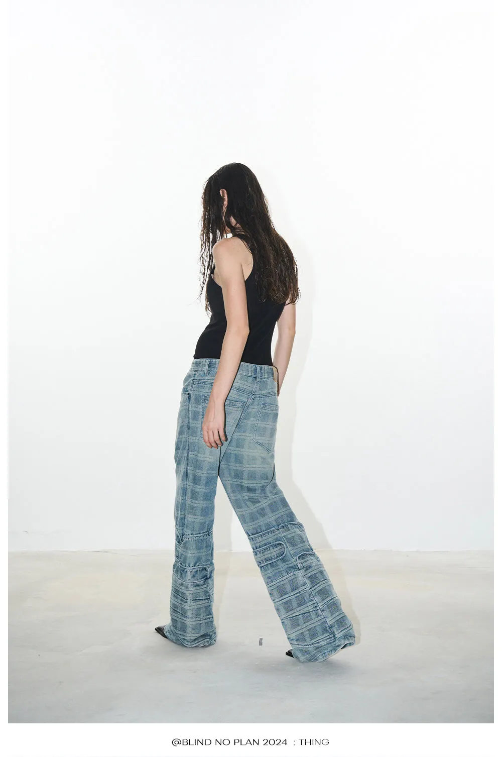 Damaged checkered micro flared denim pants