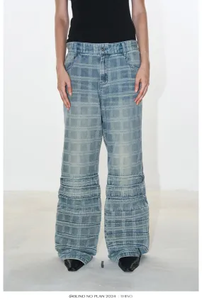 Damaged checkered micro flared denim pants