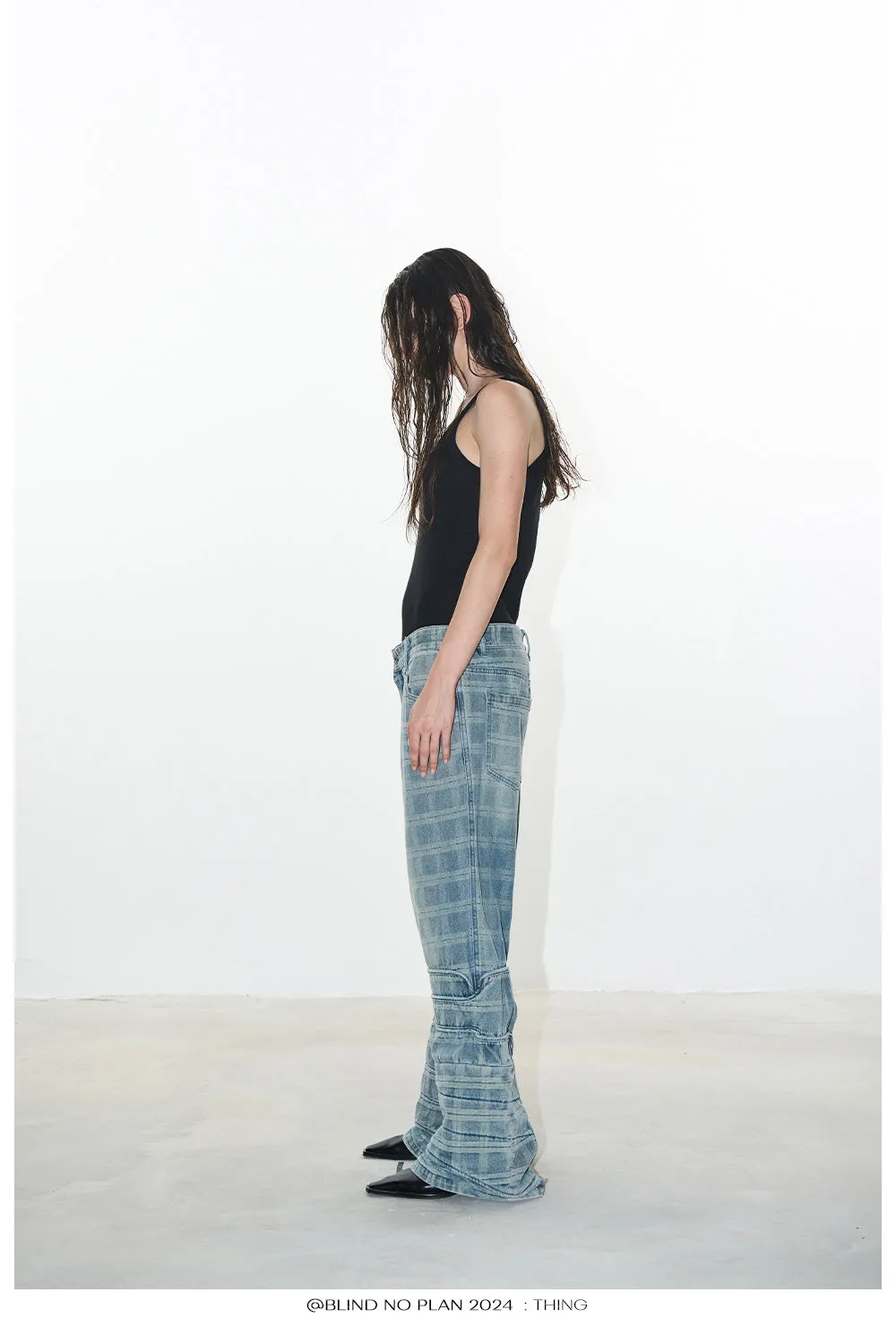 Damaged checkered micro flared denim pants