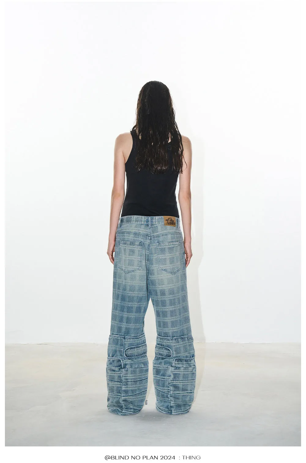 Damaged checkered micro flared denim pants