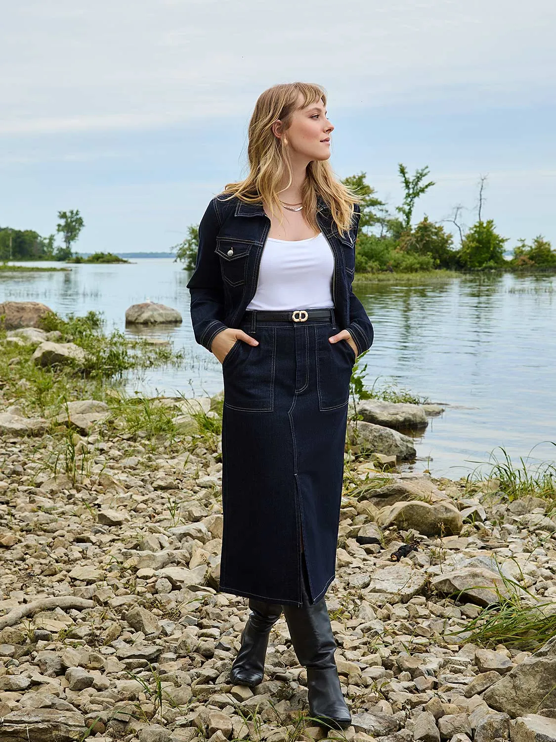 Denim Pencil Skirt With Front Slit