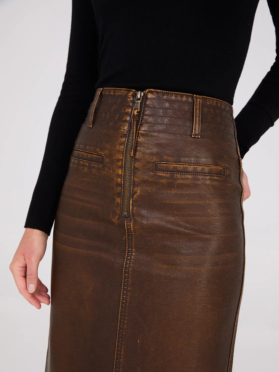 Distressed Faux Leather Maxi Pencil Skirt