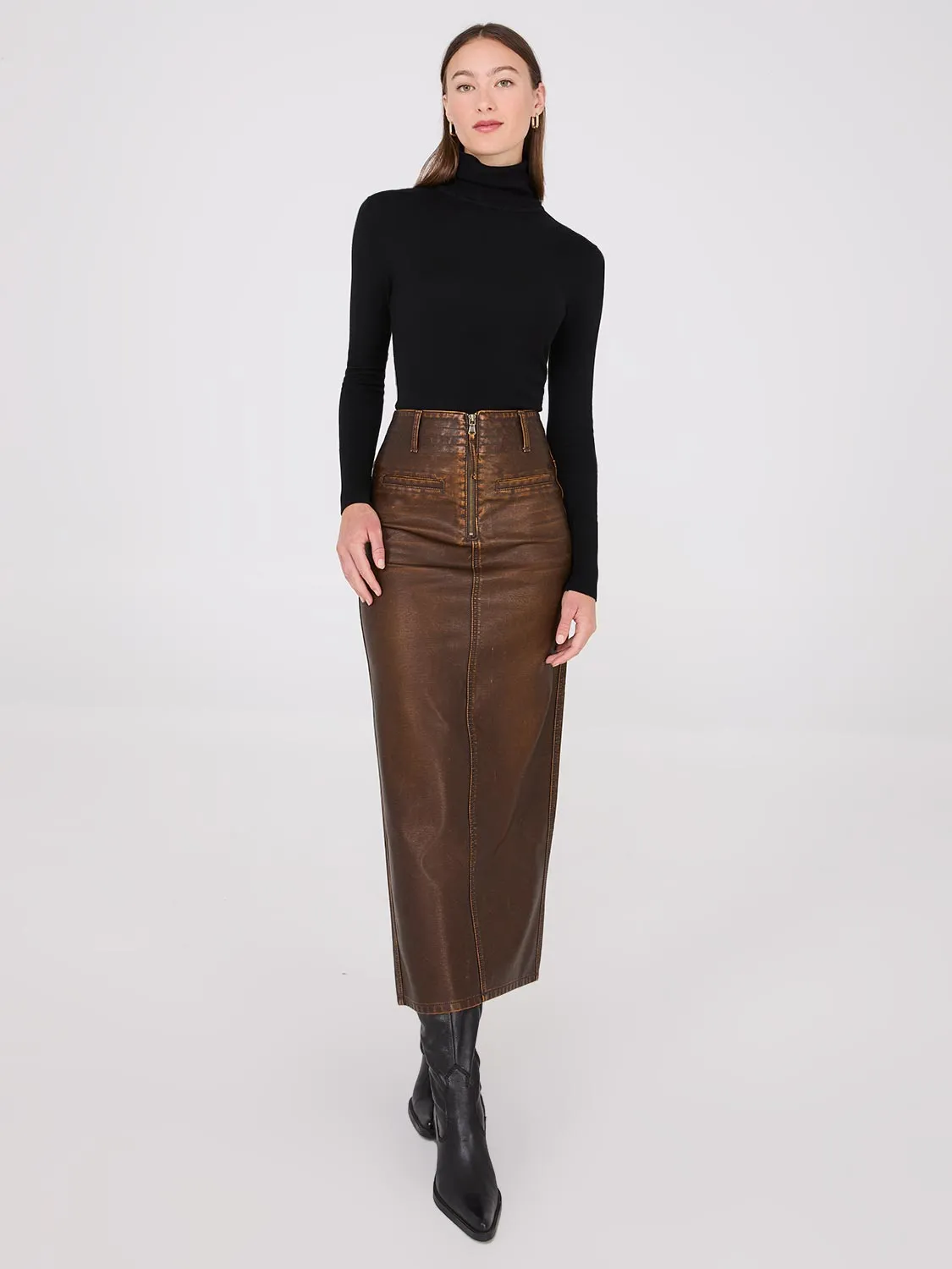 Distressed Faux Leather Maxi Pencil Skirt