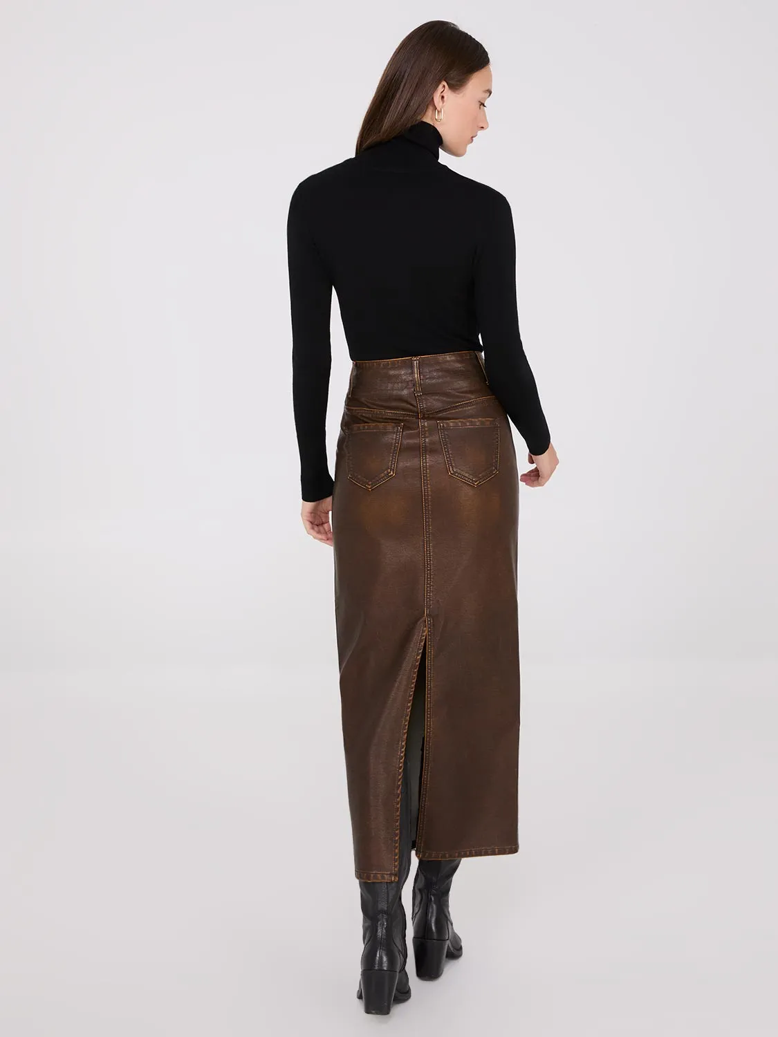 Distressed Faux Leather Maxi Pencil Skirt