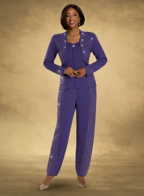 Donna Vinci 13423 - Purple -  2 pc Knit Rhinestone Trim Pant Suit