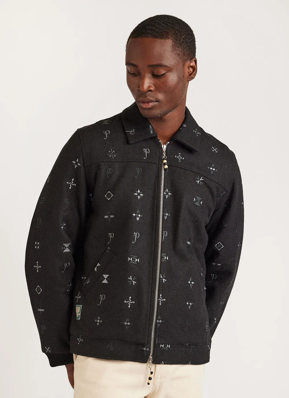 Drop Cap Jacket | Embroidered Wool | Black