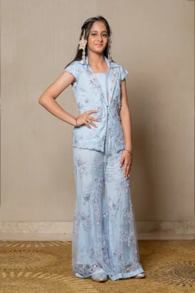 Elegant pastel blue embroidered ensemble with a chic sleeveless jacket and flared pants, perfect for any sophisticated occasion.