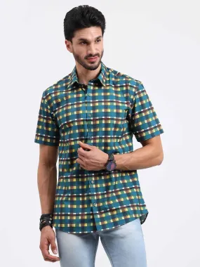 Emerald Yellow Check Cotton Half Sleeve Shirt