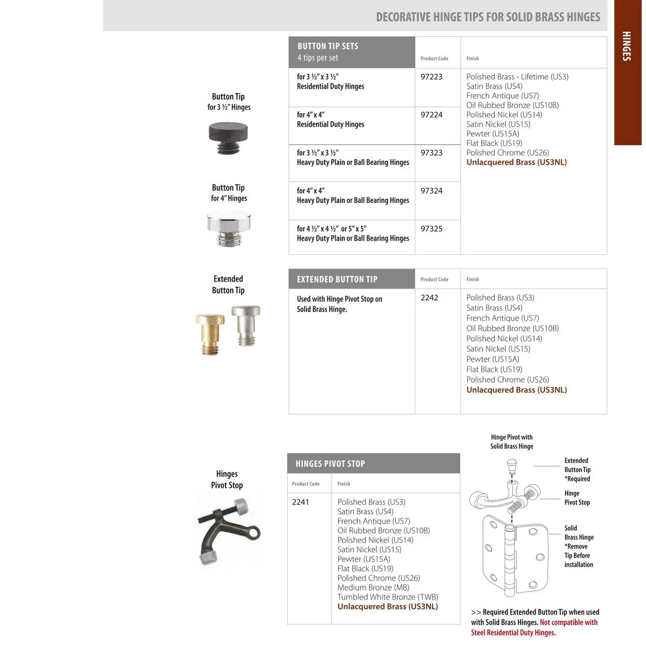 Emtek - Decorative Hinge Tips - Button Tip Sets (4x Tips Per Set)