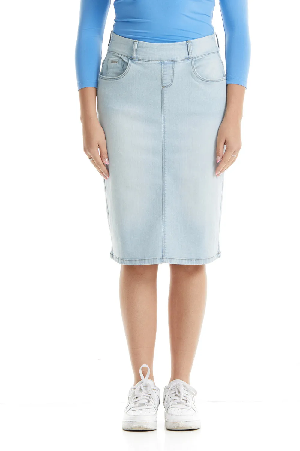 Esteez MANHATTAN Denim Skirt - Straight Knee Length Pull On Stretchy Jean Skirt for WOMEN - BLEACH