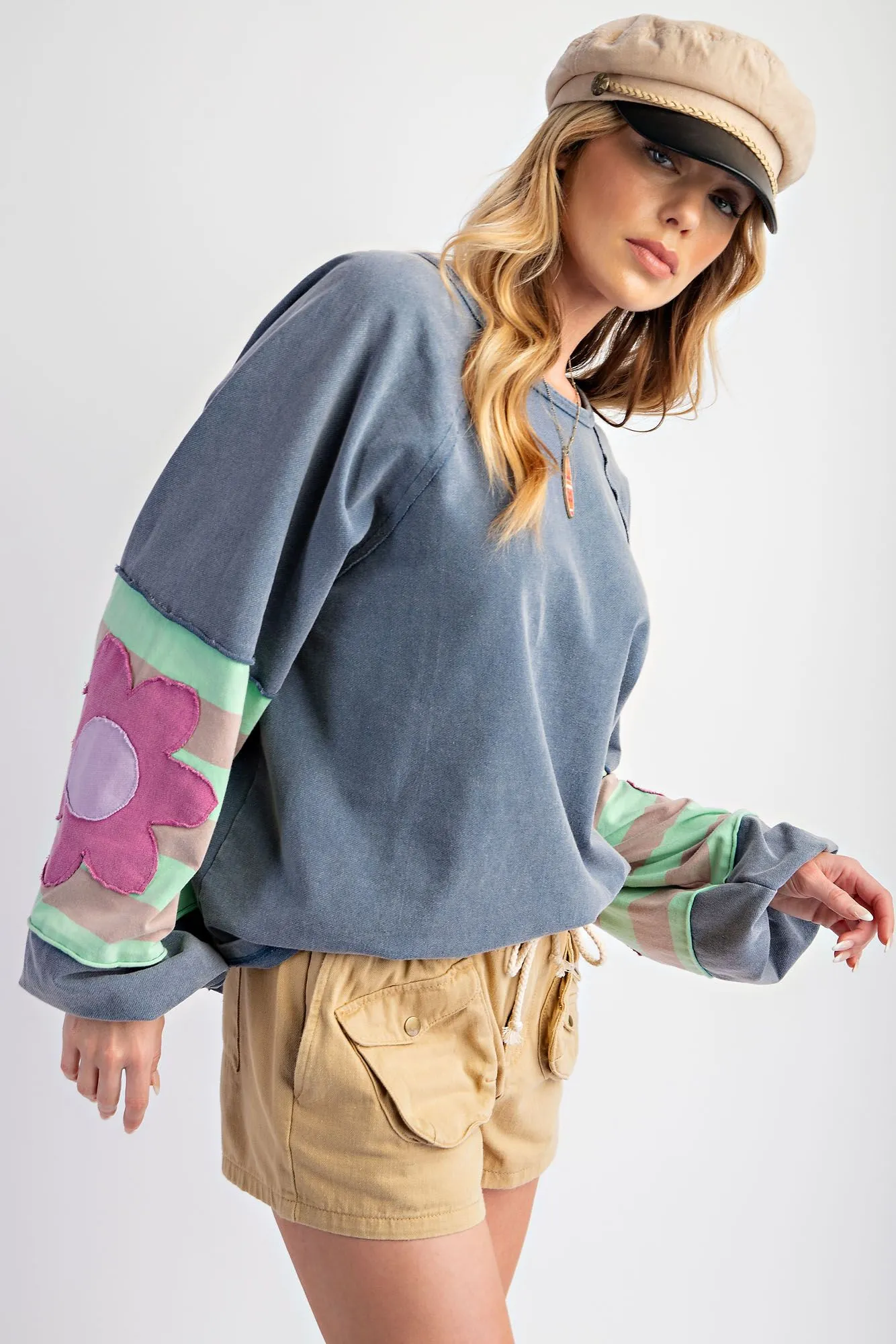 Flower Patch Oversized Pullover - Denim Blue