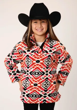 GIRLS WOMENS  GREY ORANGE PINK AZTEC PRINT POLAR FLEECE PULLOVER