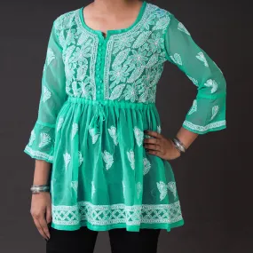 Green - Chikankari Hand Embroidered Georgette Short Flared Kurta / Top