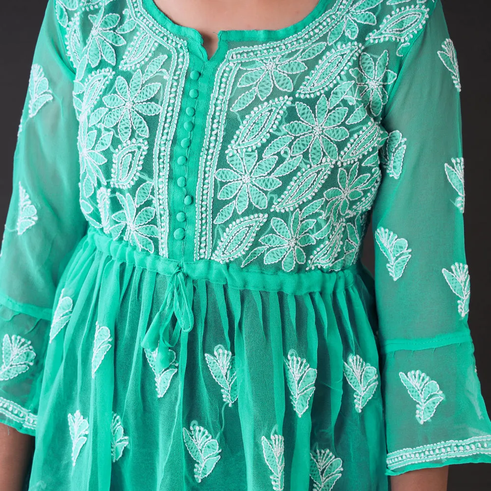 Green - Chikankari Hand Embroidered Georgette Short Flared Kurta / Top