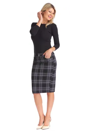 Grey Plaid Stretchy Modest Denim Jean Pencil Skirt 'Melrose'