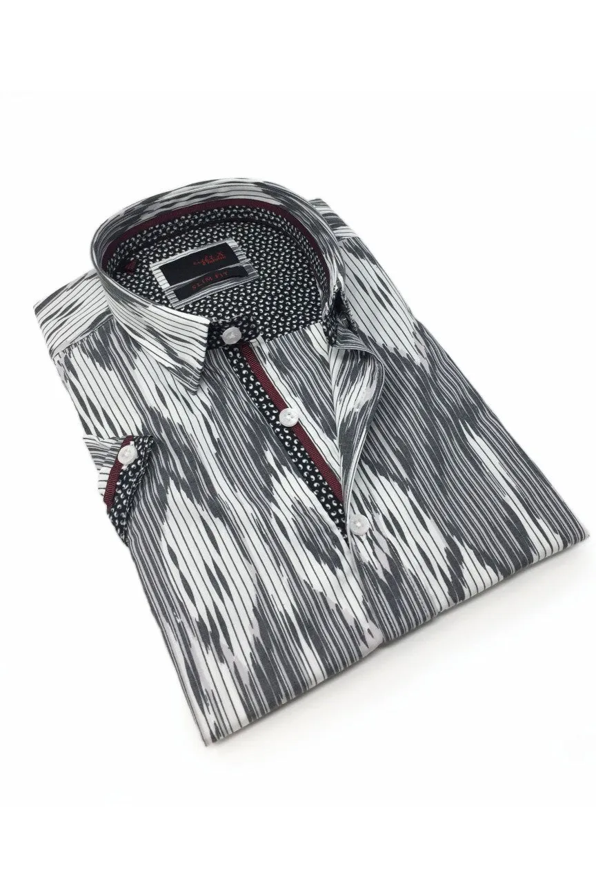 Grey Stripe And Melt Design Short Sleeve Shirt W/ Trim