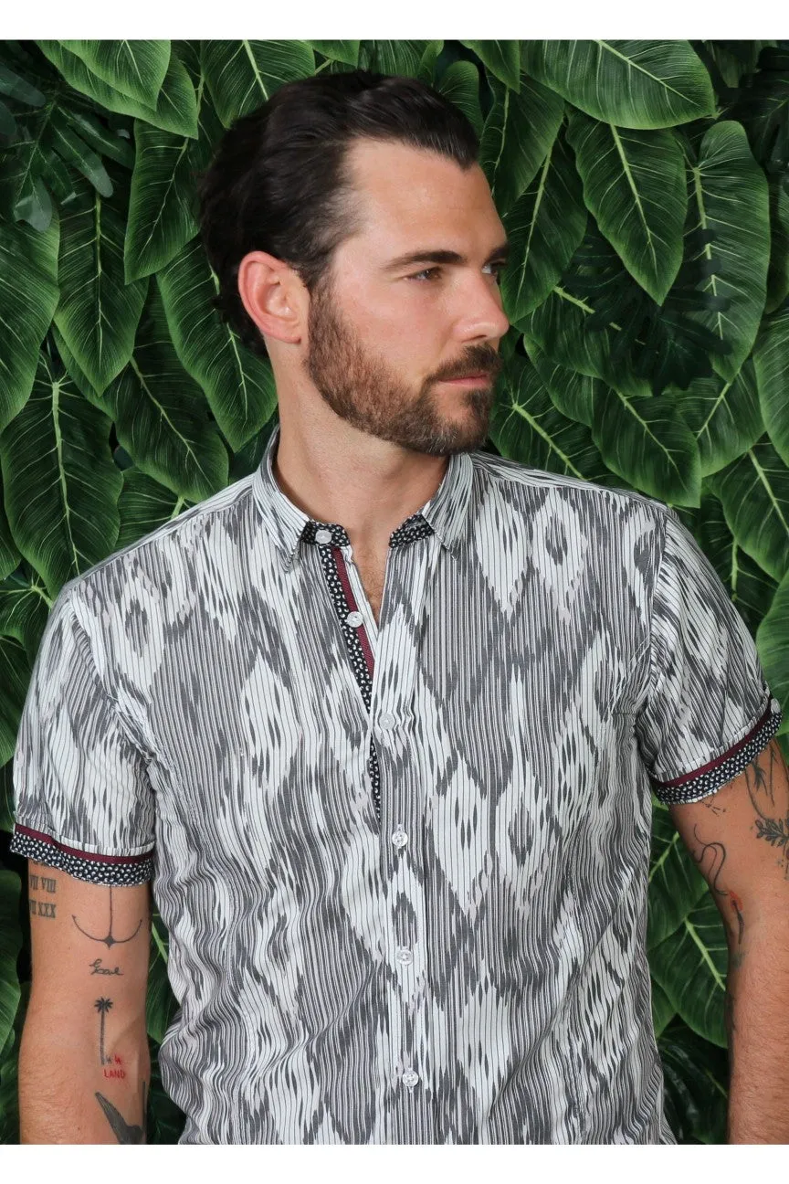 Grey Stripe And Melt Design Short Sleeve Shirt W/ Trim