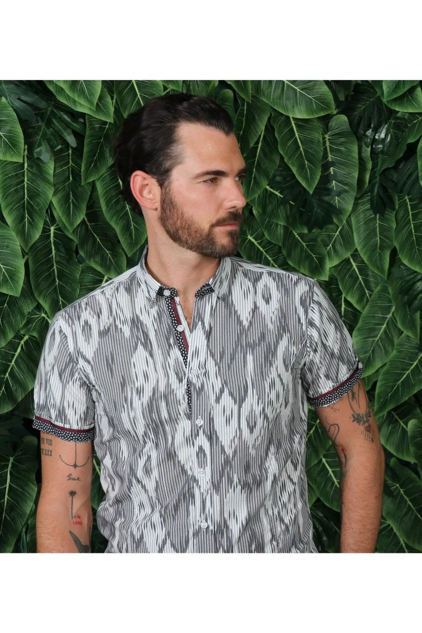 Grey Stripe And Melt Design Short Sleeve Shirt W/ Trim