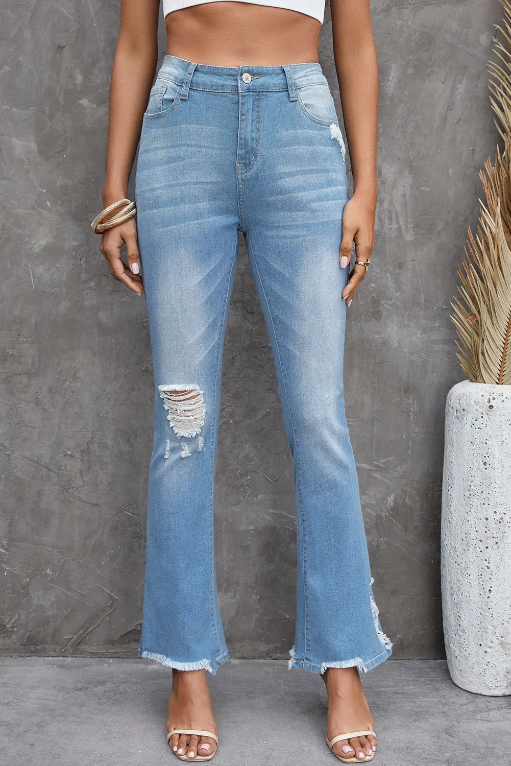 High Waist Distressed Flared Jeans