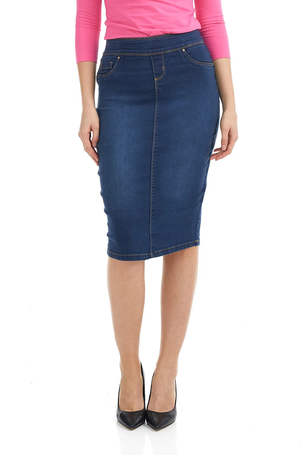 High Waisted Pull-on Jean Pencil Skirt 'Siena'