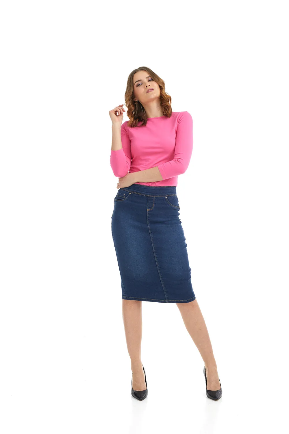 High Waisted Pull-on Jean Pencil Skirt 'Siena'