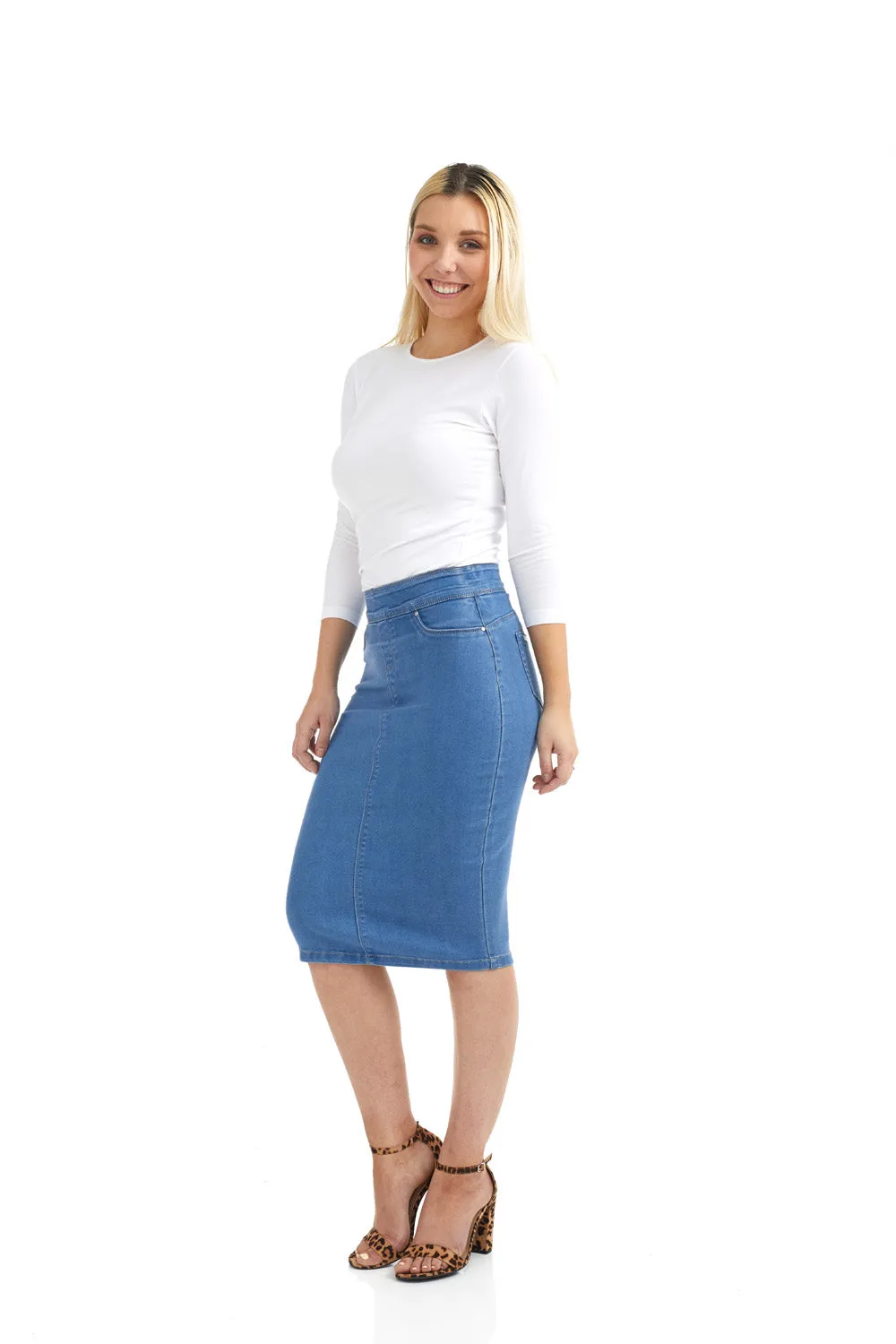 High Waisted Pull-on Jean Pencil Skirt 'Siena'