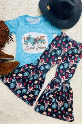 HOME SWEET HOME blue printed bell-bottom girls set DLH1017-11