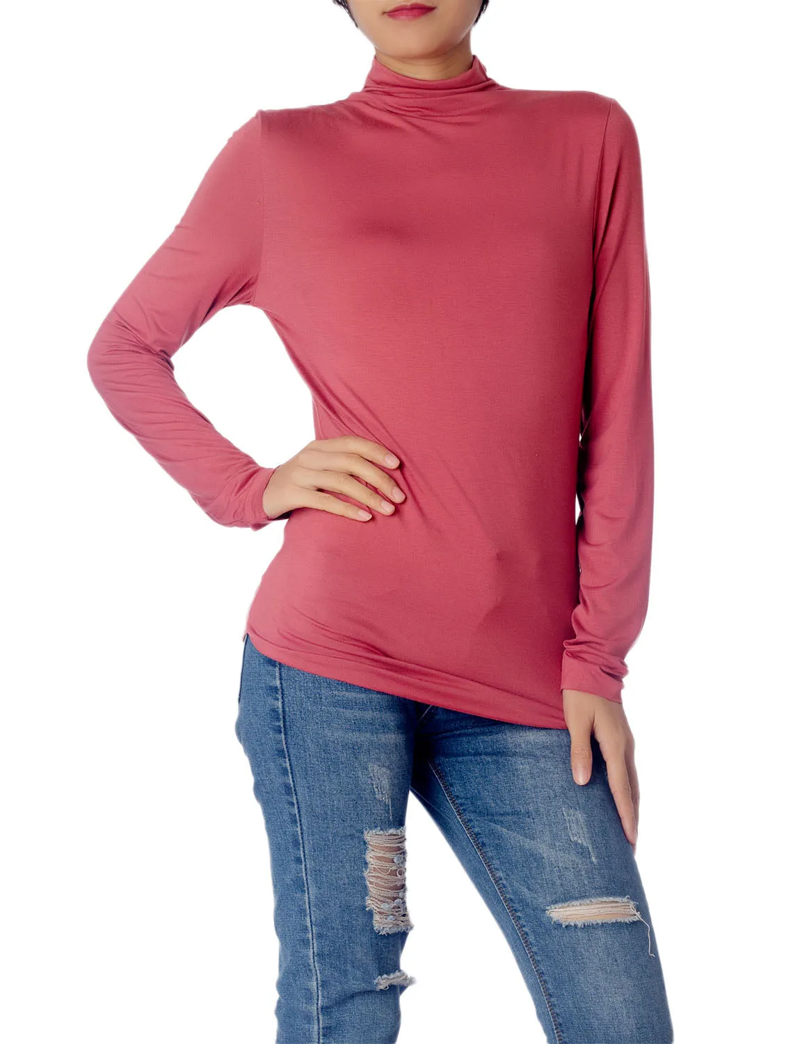 iB-iP Women's Tops Turtleneck Slim Fit Long Sleeve High Neck Cozy Silky Henley