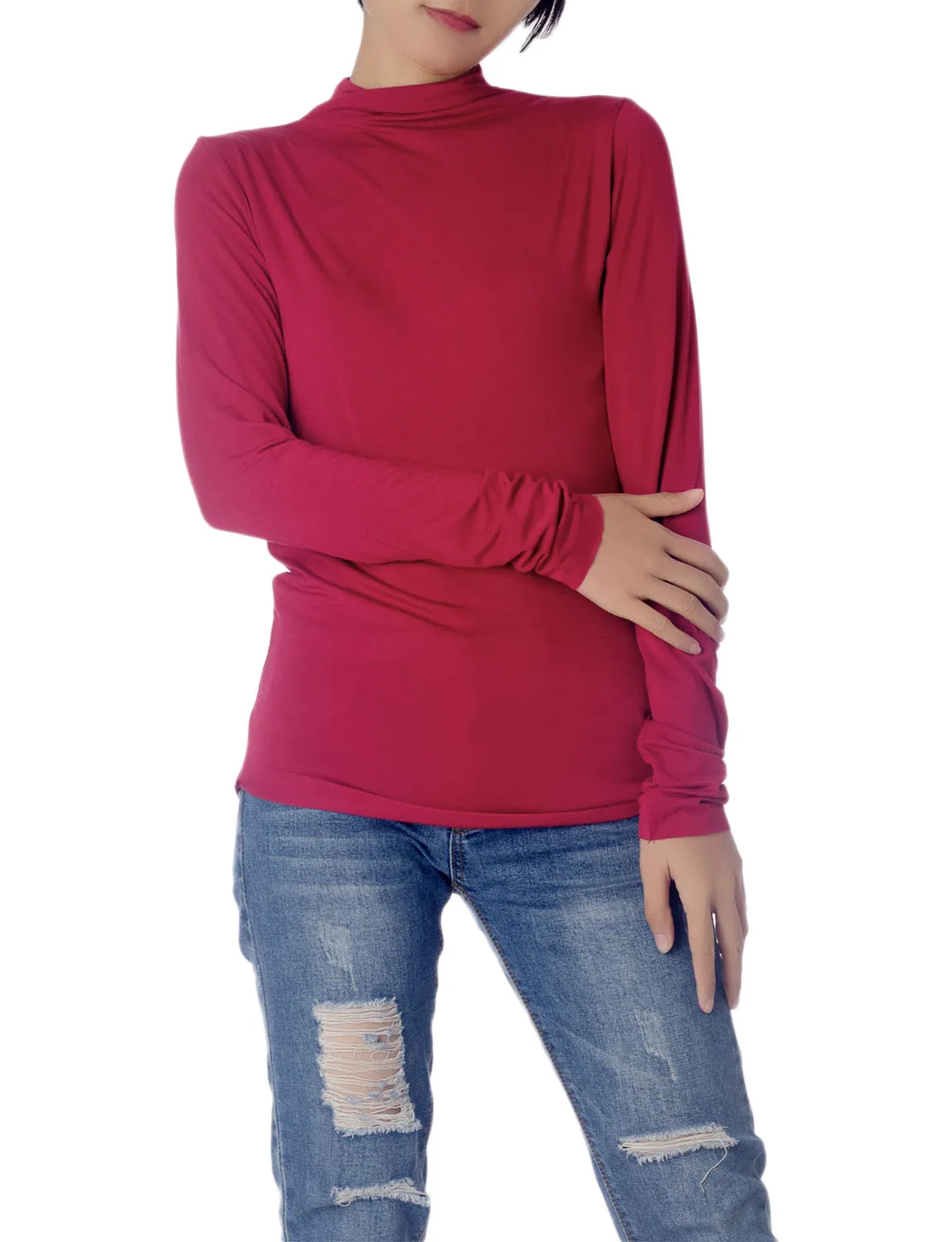 iB-iP Women's Tops Turtleneck Slim Fit Long Sleeve High Neck Cozy Silky Henley