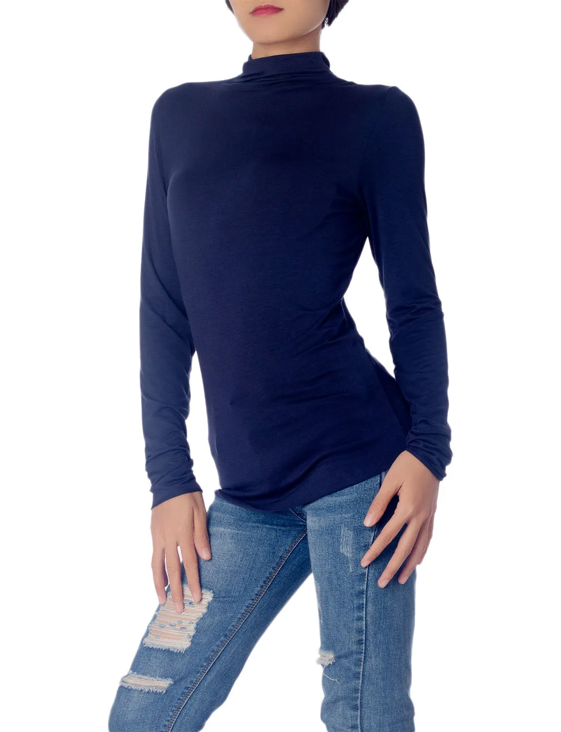 iB-iP Women's Tops Turtleneck Slim Fit Long Sleeve High Neck Cozy Silky Henley