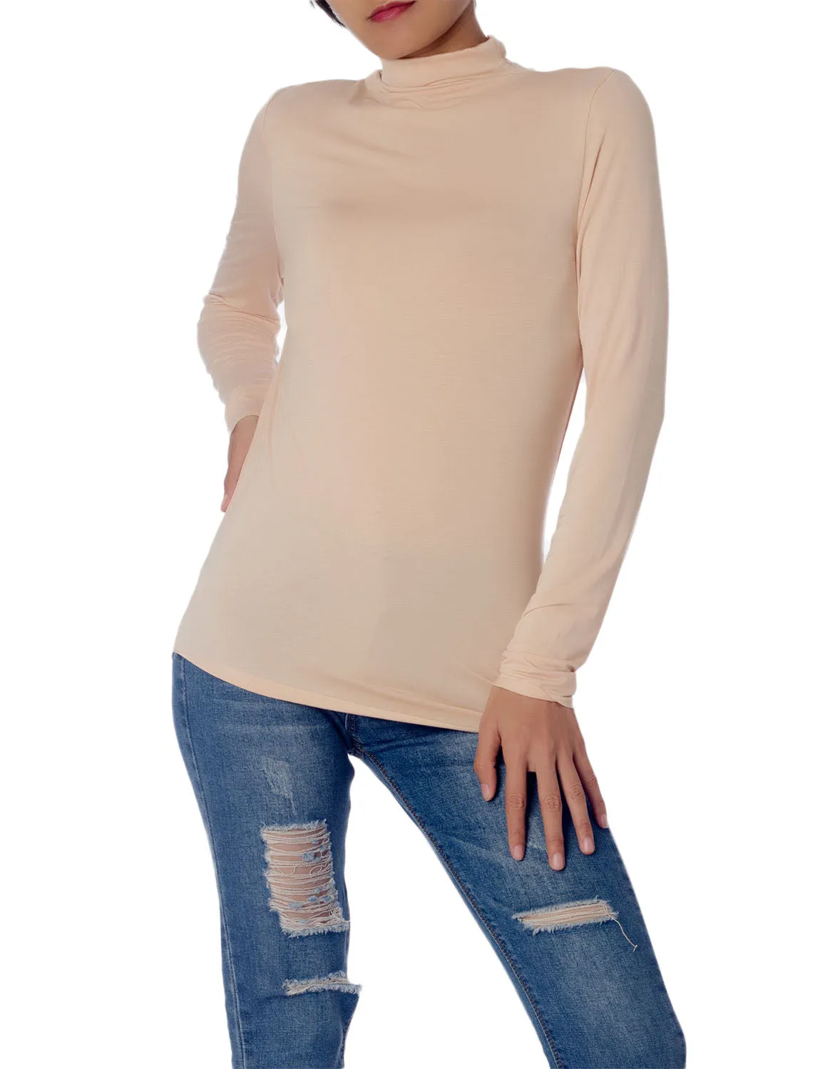 iB-iP Women's Tops Turtleneck Slim Fit Long Sleeve High Neck Cozy Silky Henley