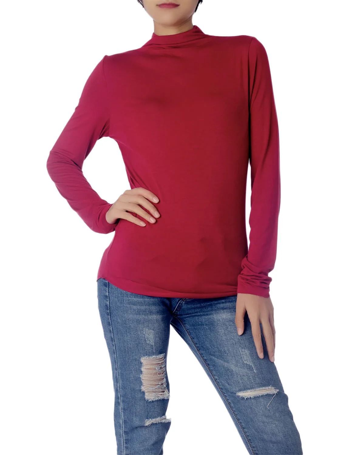 iB-iP Women's Tops Turtleneck Slim Fit Long Sleeve High Neck Cozy Silky Henley