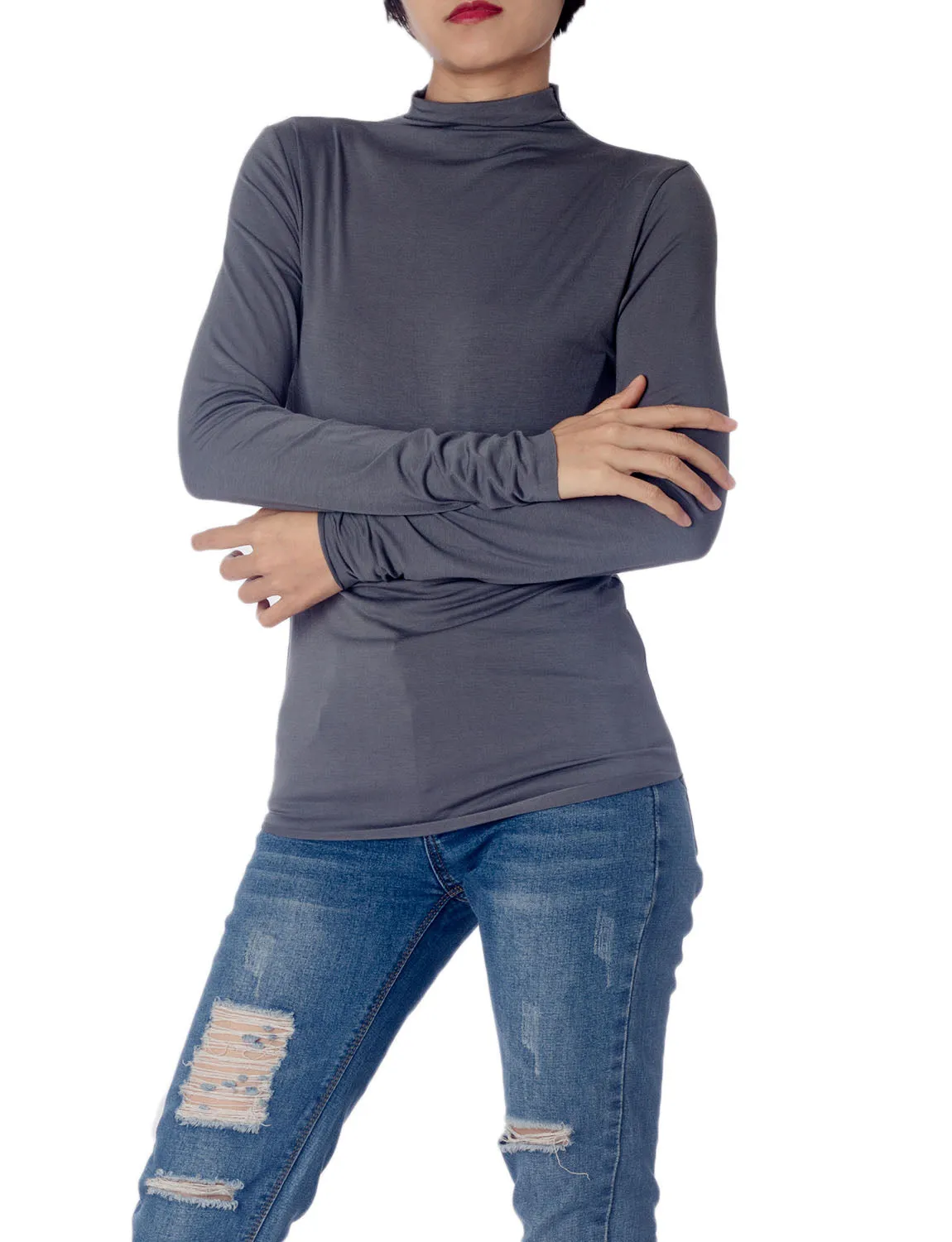 iB-iP Women's Tops Turtleneck Slim Fit Long Sleeve High Neck Cozy Silky Henley